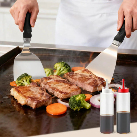 Cooking steaks and vegetables on griddle with spatulas, Griddle Accessories Kit For Blackstone Griddles, 28 Piece Hibachi Tools Set