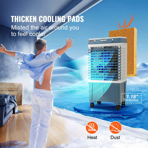 Evaporative Air Cooler 1400 CFM 11 X 31 Inch Portable Swamp Cooler With 3 Speeds displayed on patio with cooling pads