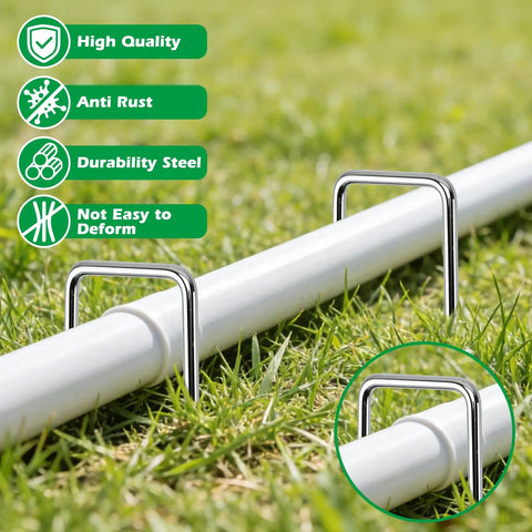 100 Pack Landscape Staples And 100 Pack Gaskets 12 Inch 11 Gauge Galvanized Steel Garden Staples With Black Pads Turf Staples For Weed Barrier Grass Pro securing pipe on grass