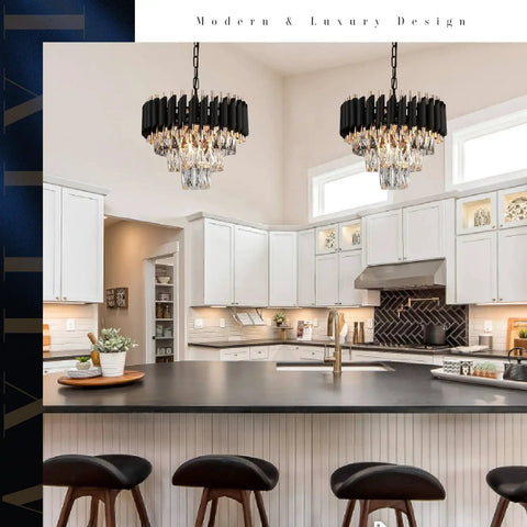 Kitchen with Three Tier Black Rose Gold Crystal Chandelier Round 16 Inch Flush Mount Pendant Light Dimmable Ceiling Fixture
