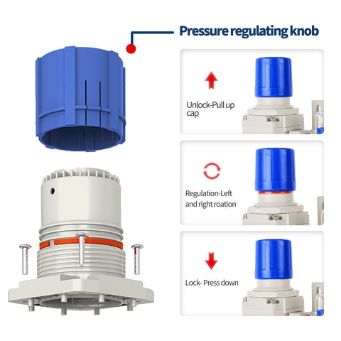 One Half Inch NPT Air Compressor Water Separator With Air Pressure Regulator Filter Lubricator Combo Brass Five Micron Filter Gauge showing pressure regulating knob in action.