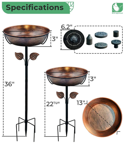 Metal Bird Bath With Solar Fountain, 13 Inch Bowl And 6.3 Inch Solar Pump, Battery And LED Lights, Outdoor Feature Specifications