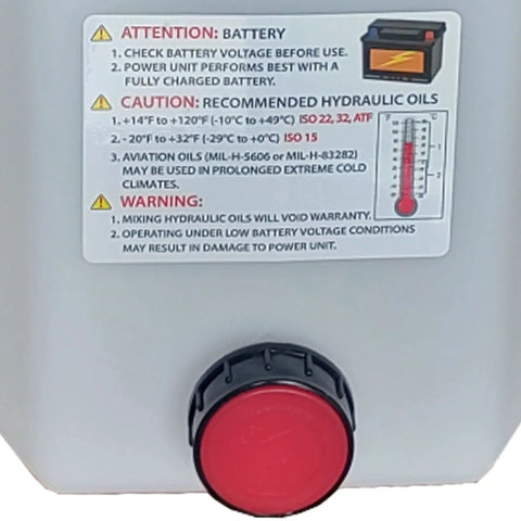 Close-up of warnings and instructions label on 12V Dump Trailer Hydraulic Pump Power Unit With Single And Double Acting Pump