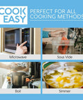 Four cooking methods: microwave, sous vide, boil, simmer. Person holding vacuum-sealed bag for sous vide in top right image.