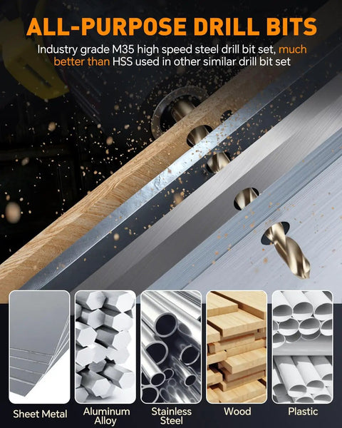 Cobalt Drill Bit Set 21 Pcs M35 HSS Pro Grade Heavy Duty Twist Jobber Length for Metal Stainless Steel Wood Plastic