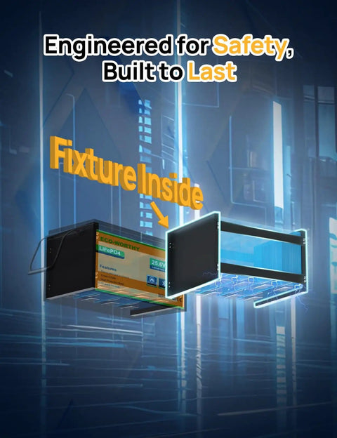 Exploded view of 24V 100Ah LiFePO4 deep cycle rechargeable battery with Bluetooth app monitoring for off-grid use.