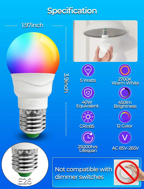 Color Changing RGB LED Light Bulbs Pack Of Four With Remote Control 40W Equivalent 450 Lumens Warm White 2700K E26 Screw Base 12 Color Choices Timed Lighting Easy Dimmable Home Decor specifications