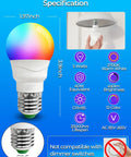 Infographic showing Color Changing RGBW LED Light Bulb With 270 Degree Beam, 450 Lumens 2700K Warm White, 40W Equivalent
