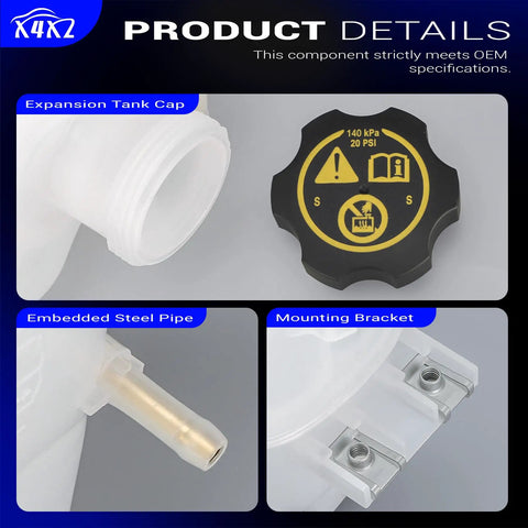 Upgrade Your Ride With This Heavy Duty Front Engine Coolant Reservoir Replacement Radiator Expansion Tank With Cap For 2013 2014 2015 Chevy Spark detail showing tank cap, steel pipe, and mounting bracket.