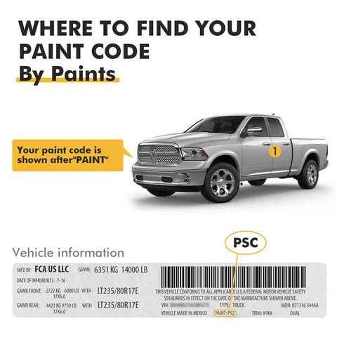 Diagram showing where to find paint code on Dodge Ram for Granite Crystal PAU LAU Touch Up Paint, 2 in 1 Scratch Remover Pen.