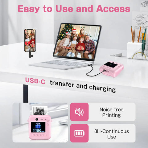 Dual-Lens Instant Print Mini Camera For Kids, 48MP Front And Rear Cameras, Selfie Ready, 1-Second Black And White Print, 32GB Card Included, Pink Portable Photo Printer Toy For Festivals And Travel, USB-C charging