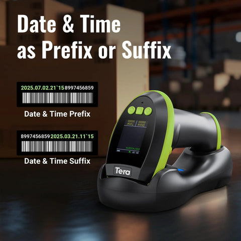 Wireless Barcode Scanner With Screen Pro Edition showing date and time prefix or suffix on customizable screen