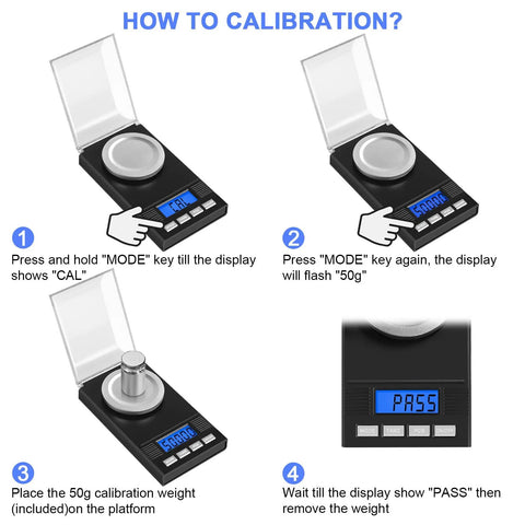 Portable Jewelry Scale 50g Capacity 0.001g Precision Microgram And Milligram Scale calibration steps with display and buttons.