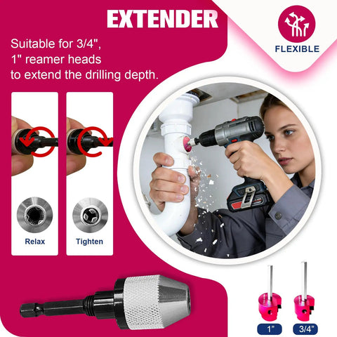 Person using a drill with PVC Pipe Reamer Kit With Carbide Blades, 6 Pack For Plastic Pipe Fittings, Fits 3/4 To 4 Inch Pipes, Socket Saver.