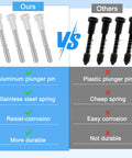 Comparison of Top Shelf 12 Piece Window Screen Plunger Latches Kit featuring solid aluminum pins and stainless steel springs against plastic alternatives.