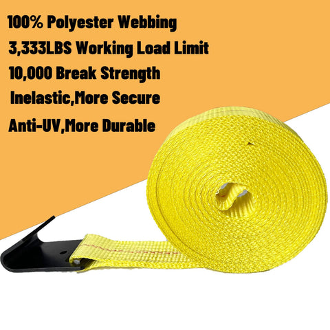 Heavy Duty Flat Hook Ratchet Straps 4 Pack 2 Inch By 27 Foot Weather Resistant Cargo Straps coiled on yellow background