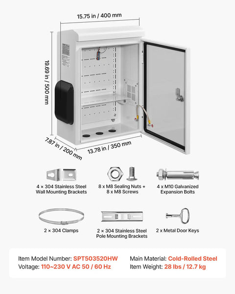 Badass Outdoor Electrical Junction Box Cold Rolled Steel Ip65 Waterproof Weather Ready Enclosure With Thermostat And Fan Cooling Hinged Door Rain Hood Wall Pole Mount 20 X 16 X 8 Inches Heavy Duty, open with dimensions and mounting accessories.