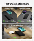 Heavy Duty 10K Portable Charger Power Bank With Integrated Usb C And Lightning Cables To Keep Your Phone Fully Juiced Using Rapid 23W Fast Charging Road Trip Essential dual device charging setup on a desk.