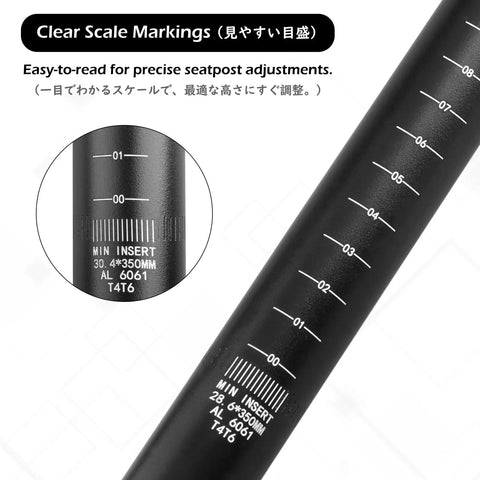 Close-up of Beefy Aluminum Bike Seat Post 350mm Length With 25.4mm 27.2mm 28.6mm 30.4mm 30.8mm 31.6mm Diameters showing scale markings.