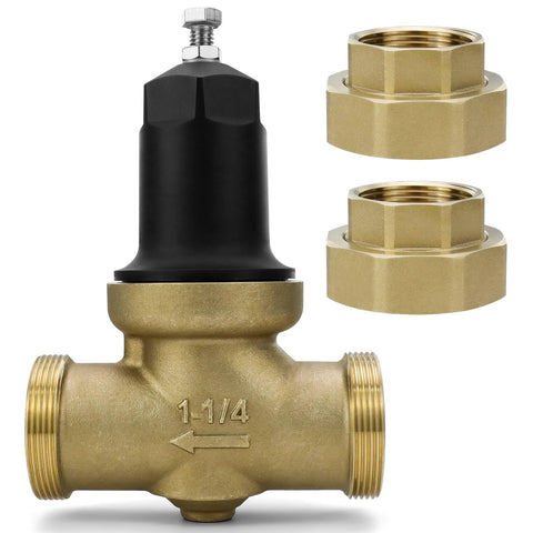Brass 1-1/4 inch pressure reducing valve with black adjustment cap and two brass NPT adapters