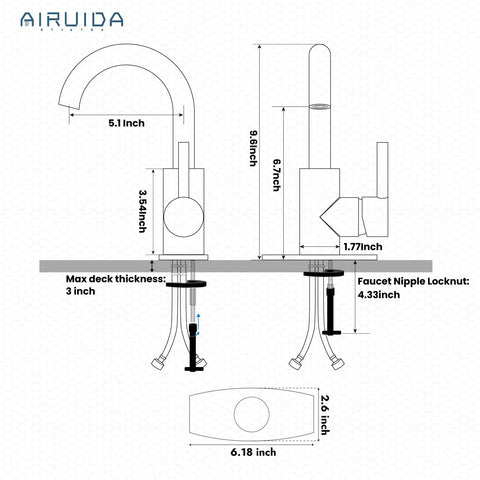 Technical diagram of Single Hole Bathroom Faucet With 360 Degree Swivel Spout, 304 Stainless Steel, Brushed Nickel Finish dimensions.