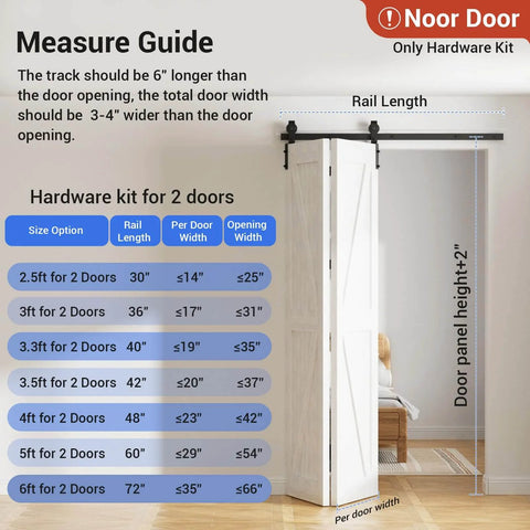 Bi-Folding Sliding Barn Door Hardware Kit For Two Doors with Measure Guide displayed