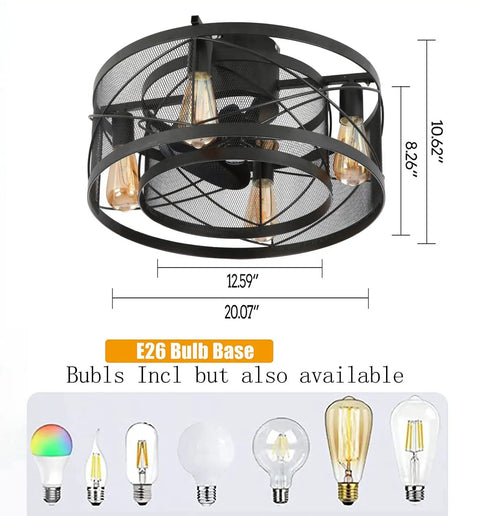 Caged Ceiling Fan With Lights 20 Inch Grain Black Finish Metal Cage 3 Blades Remote Control 6 Speeds 1 To 4 Hour Timer.