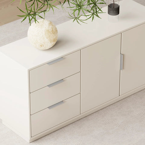 Brushed Nickel Finger Edge Pulls For Cabinets And Drawers, 5 Inch Hole Centers shown on modern white dresser