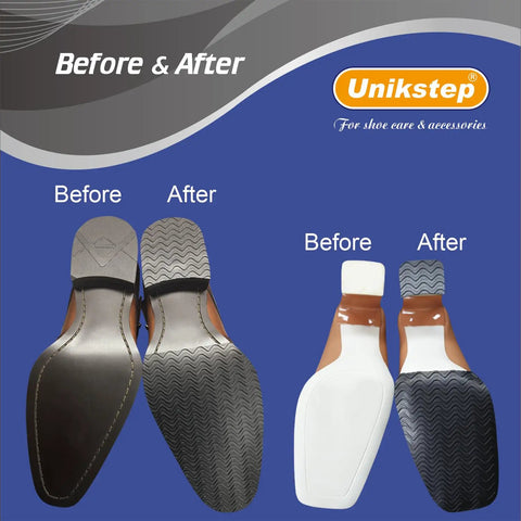 Image showing before and after use of Eight Piece Shoe Sole And Heel Repair Kit With Cuttable Replacement Pads Non Skid Soles And Heels Anti Slip Wave Pattern For Quiet Shoes And Floor Protection, featuring improved sole grip.
