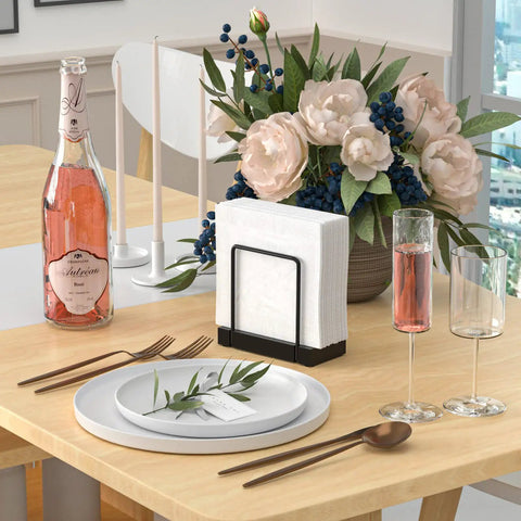 Table Top Napkin Holder Made of Bamboo and Iron, Standing Dispenser for Kitchen and Dining on a decorated table setting.