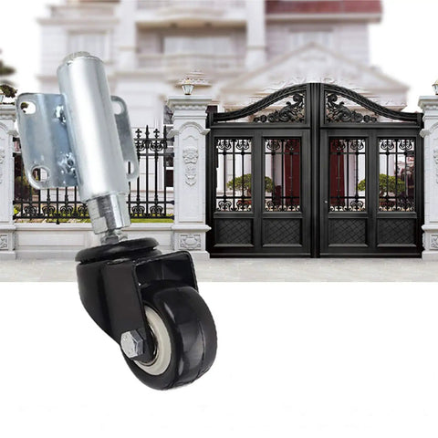 Heavy Duty Shock Absorber Rotating Caster Wheels Built To Last 40mm Swivel Castors for furniture, shows wheel against gates