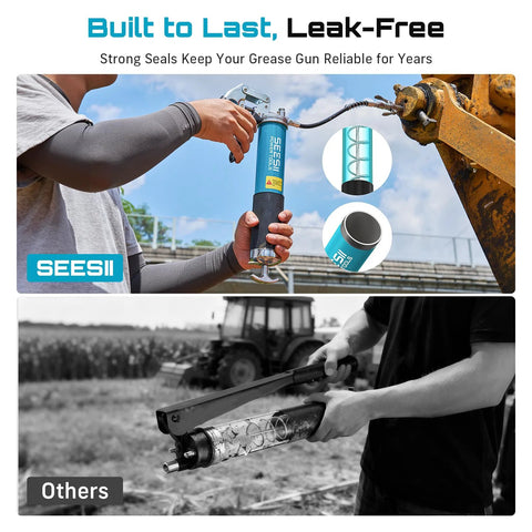 Seesii 8000PSI grease gun kit front view with 14oz capacity, pistol grip, quick-release, 90° adapter; Others.