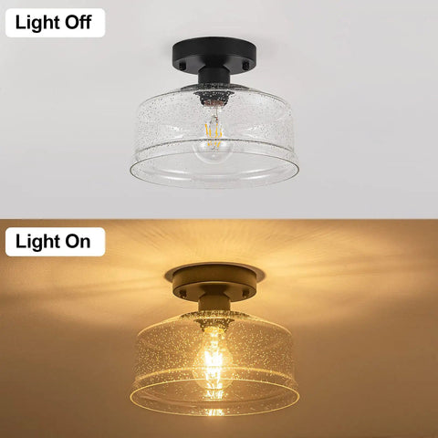 Semi Flush Mount Ceiling Light With Seeded Glass Shade In Black Finish Modern Farmhouse Style Fixture, light on and off view