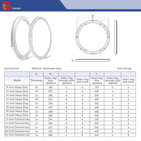 TamBee 12-inch heavy-duty metal Lazy Susan bearing ring kit, aluminum alloy; front and side views with diagram