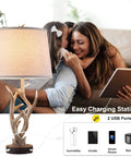 Rustic Western Farmhouse Table Lamp Set Of 2, 26 Inch Tall With USB Ports, Natural Antler Design In Rustic Brown With Family