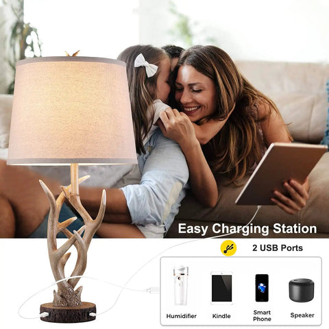 Rustic Western Farmhouse Table Lamp Set Of 2, 26 Inch Tall With USB Ports, Natural Antler Design In Rustic Brown With Family