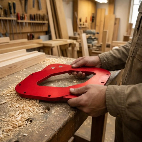 Hands holding a red anodized plate of the Precision Cnc Router Corner Template. Used for clean edge rounding in woodworking.