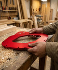 Person holding a red Smooth Sailin Router Corner Template with Interchangeable Metal Plates on a woodworkbench.