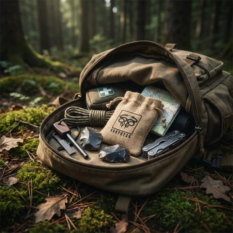 Backpack with English Flint Fire Starter Kit With Two Large UK Flint Stones And Emergency Jute Tinder Bag for camping use