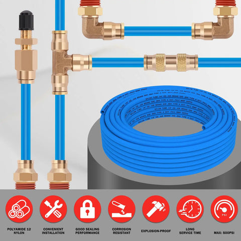 Blue One Quarter Inch Outer Diameter PA12 Nylon DOT Air Line Pneumatic Tubing 100 Feet Long Heavy Duty High Pressure Air Hose
