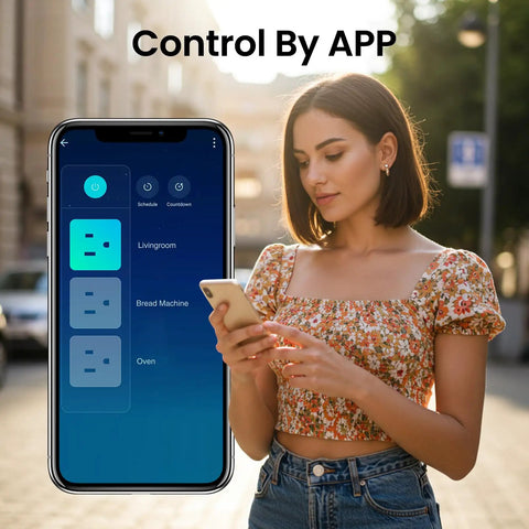 Woman using app on smartphone to control Smart Power Strip With 3 WiFi Outlets And 3 USB Ports, ETL Listed Surge Protector