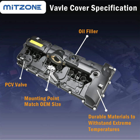 N52 Engine Valve Cover Kit With Oil Cap And PCV Hose For BMW 125i 128i, shown with labeled features like oil filler and PCV valve.