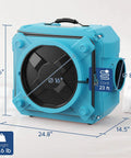 Heavy Duty Air Scrubber With Three Stage Filtration And Hepa Clean Shield Tech Packs, blue unit dimensions 24.8 x 21.6 x 14.5 inches.
