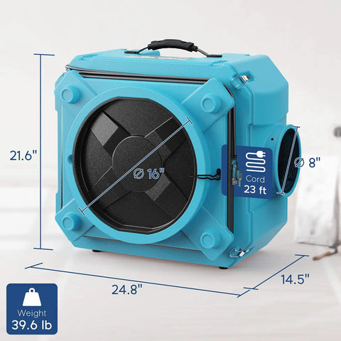 Heavy Duty Air Scrubber With Three Stage Filtration And Hepa Clean Shield Tech Packs, blue unit dimensions 24.8 x 21.6 x 14.5 inches.