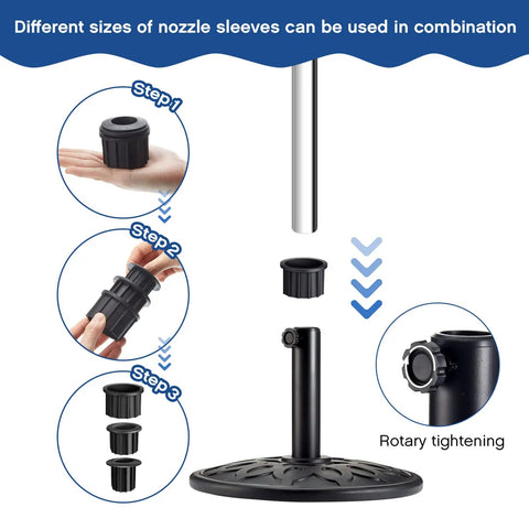 Assembly steps for Patio Umbrella Base Ring Plug Set With Hole Bases In 1.25 In 1.5 In And 1.9 In shown in diagram