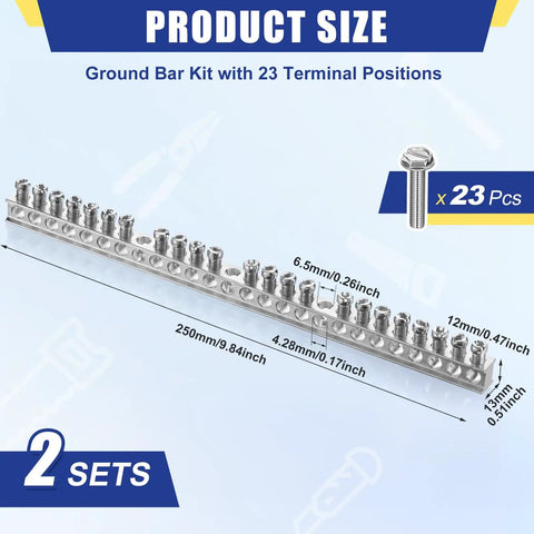 2 Pack Ground Bar Kit With 23 Terminal Positions For Safe Electrical Connections Includes Mounting Screws And Easy Install Plug N Play Ready For Distribution Boards And Electrical Panels, 250mm x 13mm
