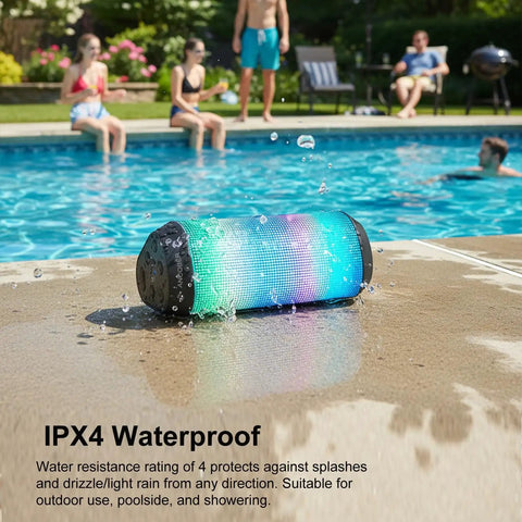 20W Portable Bluetooth Speaker with crankin loud stereo sound and LED lights, IPX4 waterproof by the poolside, ideal for outdoor use.