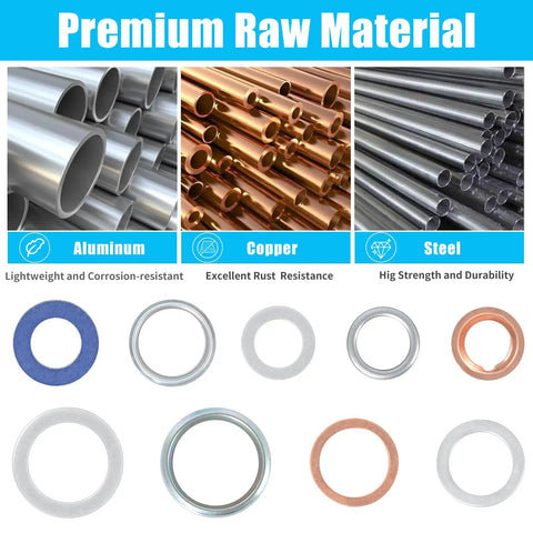 Materials of 140 Piece Oil Drain Plug Gasket Set, Crush Washer Seals Kit for Toyota, Honda, Subaru, VW, Audi, Mercedes