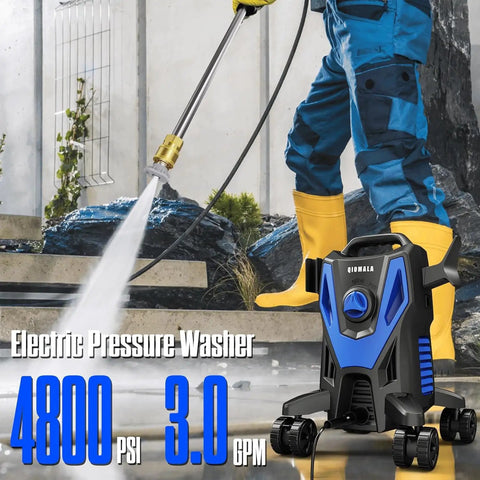 Badass 4800 PSI Electric Pressure Washer with 4 Quick Connect Nozzles and Foam Cannon to Kick Some Dirt from Cars and Driveways while Crushing Grime on Patios Featuring Multi Purpose Outdoor Cleaning Made Super Simple in use, with water spray against surfaces.