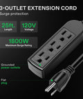 3-outlet extension cord with flat design showcasing 25 Ft Beefy Heavy Duty Extension Cord With 3 Outlet Power Strip 1800W Surge Protection 15A.